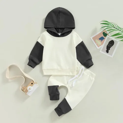 Vista 30 de Ropa de bebé niño 3 6 9 12 18 24M 3T Conjunto de pantalones con capucha patchwork sudadera con capucha pantalones de rayas traje de otoño invierno