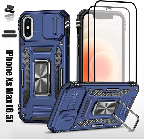 Vista 9 de Funda resistente para Apple iPhone Xs Max, protector híbrido de goma de doble capa de grado militar con protector de cámara deslizante, soporte Oro