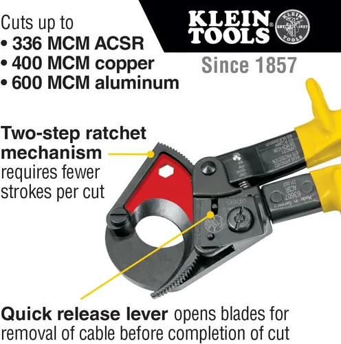 Vista 2 de Klein Tools 63607 Cortadores de cables, herramienta de corte de cable de alambre de trinquete corta cobre, aluminio y ACSR