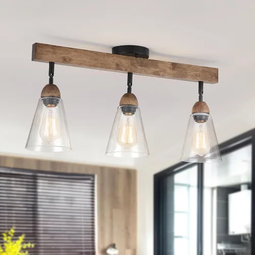 Vista 12 de Lámpara de techo rústica de cristal empotrado, mini pantalla de vidrio transparente y madera de roble, lámpara de techo semiempotrada para cocina