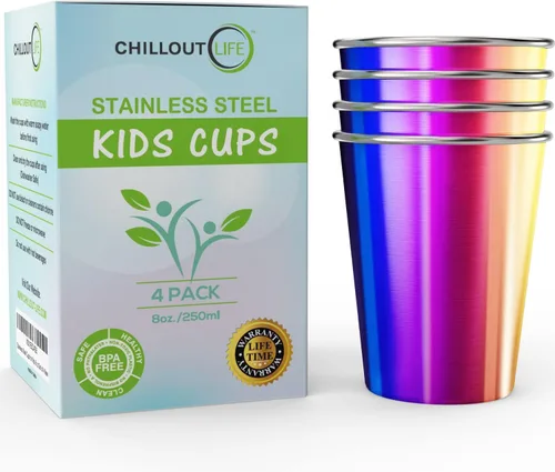 Vista 9 de CHILLOUT LIFE Vasos de acero inoxidable para niños y adultos de 12 onzas – Vasos de metal apilables para el hogar y actividades al aire libre, sin