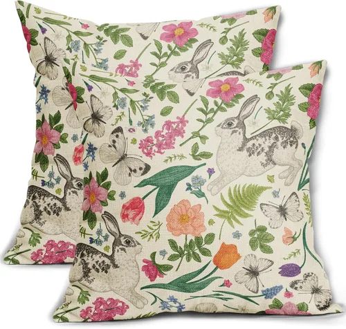 Vista 22 de Juego de 2 fundas de almohada de primavera de 16 x 16 pulgadas, diseño de conejo, flores rosas, hojas verdes salvia, plantas botánicas vintage