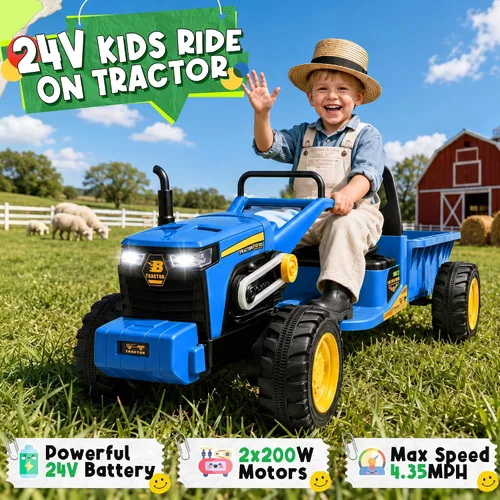 Vista 2 de Tractor de paseo para niños de 24 V con caja de carga grande para Azul
