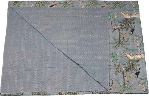 Vista 4 de Marubhumi Edredón tradicional indio de algodón puro con estampado de selva Kantha, funda de cama, colcha Kantha con estampado de animales, Gris