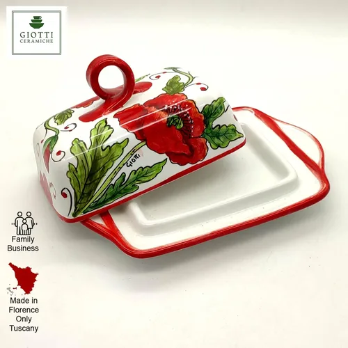 Vista 2 de Mantequillera de cerámica italiana con tapa Diseño de amapolas rojas - Mantequilla pintada a mano de 8 x 5 pies - Hecho en Italia Toscana - Soporte