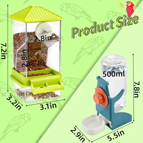 Vista 2 de Rypet Juego de dispensador de agua para pájaros sin ensuciar, alimentador automático para pájaros para jaula, contenedor de alimentos transparente