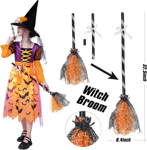 Vista 2 de DNQCOS Disfraz de bruja iluminada para niñas, disfraz de bruja de Halloween con escoba y sombrero de bruja