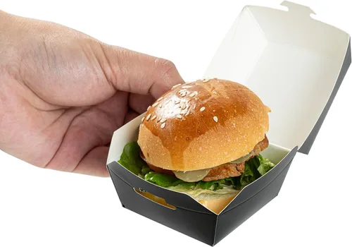 Vista 9 de Restaurantware Mini cajas de hamburguesas de 2.5 x 2.5 x 2 pulgadas, 100 recipientes de alimentos con tapa con bisagras, cajas desechables de papel