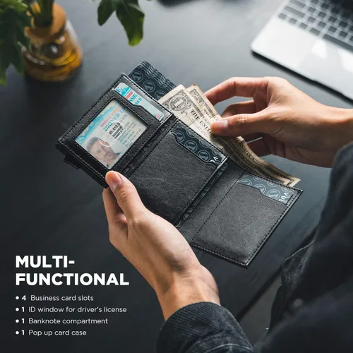 Vista 6 de VULKIT Tarjetero de crédito con compartimento para billetes de banco, bloqueo RFID, cartera de cuero desplegable con ventana de identificación