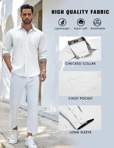 Vista 4 de COOFANDY Camisa de lino con botones para hombre, de manga larga, informal, para playa, con bolsillo