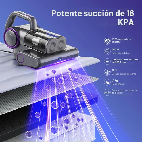 Vista 2 de FEPPO Aspiradora de colchón, aspiradora de cama de 16 Kpa con luz UV-C de 253.7 nm, calor de 140 °F, filtro HEPA y ultrasónica, aspiradora de mano