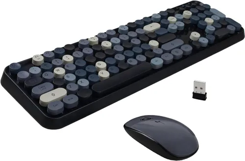 Vista 2 de Combo de teclado y mouse inalámbricos, teclado redondo estilo máquina de escribir retro, teclado inalámbrico de tamaño completo de 2.4 GHz