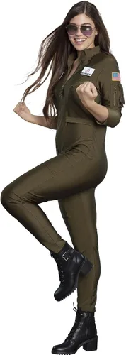 Vista 2 de Party City - Disfraz de vuelo de Top Gun Maverick para mujer Halloween color verde oliva talla XL 14 - 26 catsuit con cremallera