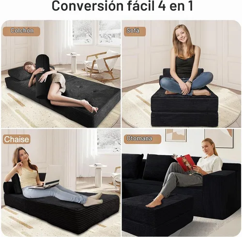 Vista 3 de Nigoone Sofá Cama Futón, Silla Plegable Versátil para Dormir con Almohada, Espuma Viscoelástica de Soporte, Tela de Pana Suave, Sofá de Piso Negro