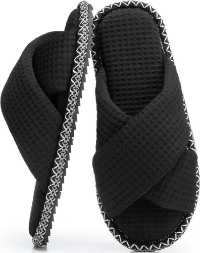 Vista 16 de GOEWY - Pantuflas para mujer con espuma viscoelástica para el hogar, con entretejido de pana, tiras cruzadas, con punta abierta, sandalias cómodas
