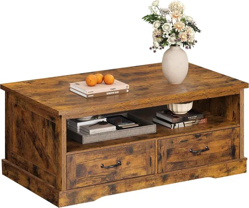 Vista 10 de WLIVE - Mesa de café con estante de almacenamiento, mesa de café granja de 39.4" con soporte en V, mesa de centro rústica de 2 niveles para sala