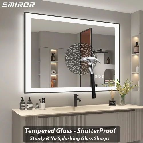 Vista 7 de SMIROR - Espejos LED de 32x36 para pared de baño, espejos modernos de tocador con luces, borde negro, regulable, antiempañamiento, memoria
