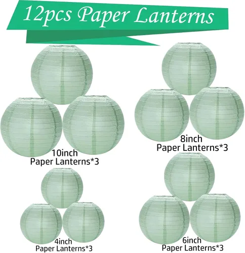 Vista 2 de Faroles de papel verde salvia, 12 linternas colgantes para fiestas de cumpleaños, bodas, decoración del hogar, decoración festiva de baby shower