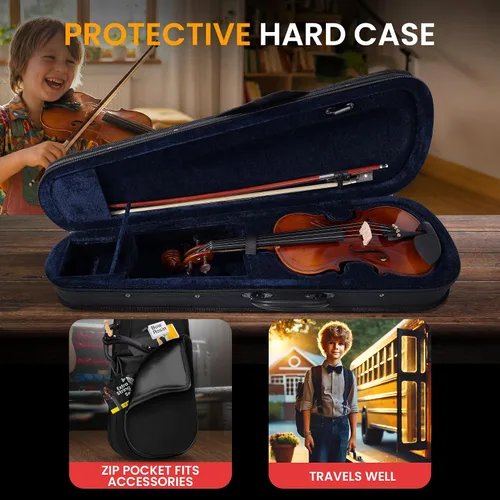Vista 6 de Pyle Violín acústico de tamaño medio para principiantes – Juego completo de violines con estuche rígido, arco, cuerdas extra, colofonia, kit