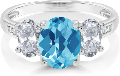 Vista 2 de Gem Stone King 10K White Gold Diamond Accent Checkerboard Swiss Blue Topaz White Topaz 3-Stone Ring 230 Ct Available 56789