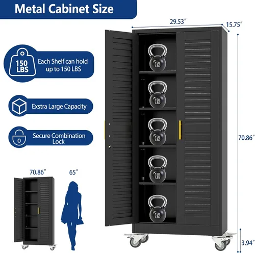 Vista 3 de Ckzbx Armario de almacenamiento de metal para garaje con puertas de bloqueo y estantes ajustables, archivador de acero de 71 pulgadas de alto
