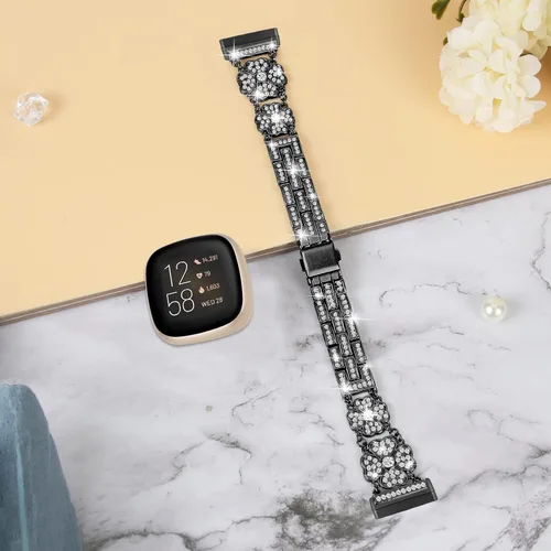 Vista 7 de Correa de muñeca diseñada para Fitbit Versa 4/Versa 3 Smartwatch Bling Bands para mujer, elegante pulsera de acero inoxidable de metal con diamantes