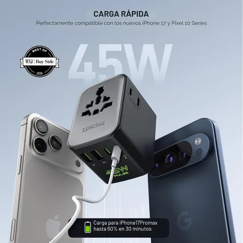 Vista 2 de Epicka Pulse Duo 45W Universal Travel Adapter PD/QC 3.0, 2AC/2USB-C/2USB-A