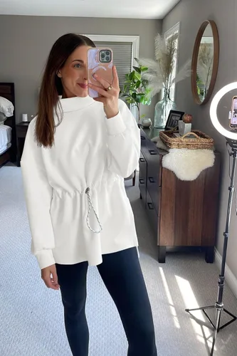 Vista 4 de Sudaderas de cuello alto para mujer, de manga larga, con abertura lateral, con cordón en la cintura