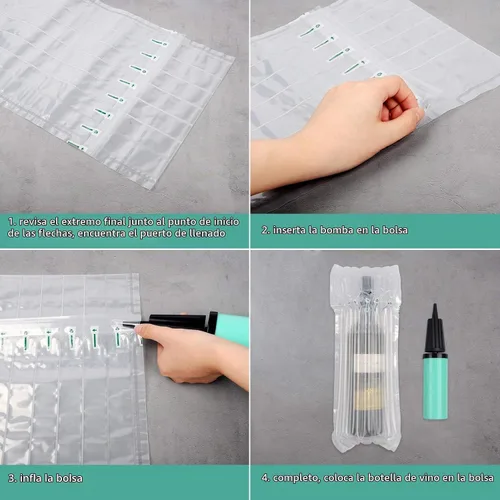 Vista 4 de Paquete de 5 bolsas de viaje para botellas de vino con bomba – Bolsas protectoras inflables de columna de aire para envío y equipaje