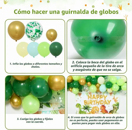 Vista 6 de Decoraciones de cumpleaños de dinosaurios, suministros de fiesta de Kit de guirnalda de arco de globos verdes, mantel de fondo de dinosaurio