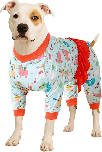Vista 10 de LovinPet Pijamas Grandes para Perros – Camisa de unicornio para perro, mameluco de recuperación poscirugía, sirenas y unicornios estampado Azul