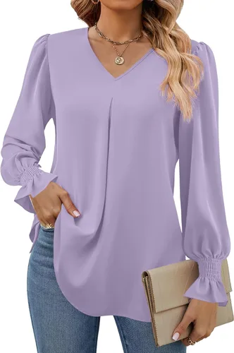 Vista 10 de Funlingo Blusas de mujer con mangas largas 2025, elegantes y casuales, con cuello en V, túnica suelta de gasa para el trabajo
