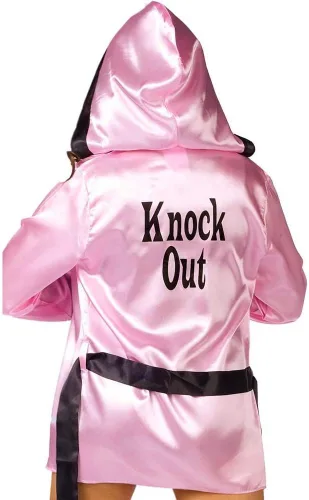 Vista 2 de Knockout! disfraz de boxeadora con bata rosa y guantes.