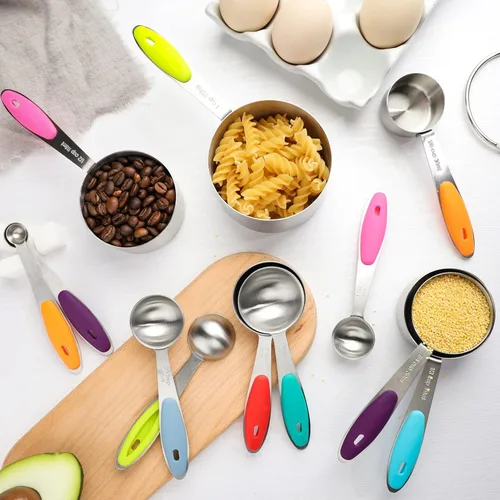 Vista 7 de Juego de 13 tazas y cucharas medidoras de acero inoxidable, cucharas medidoras anidables para ingredientes secos y líquidos