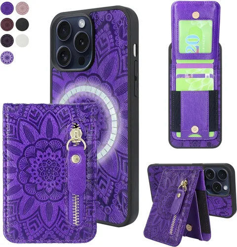Vista 7 de Harryshell Funda magnética para iPhone 15 Pro compatible con carga inalámbrica MagSafe y MagSafe con bolsillo con cremallera para montaje