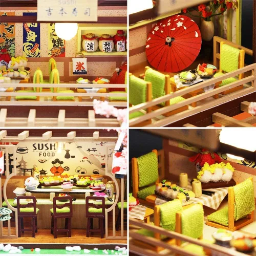 Vista 5 de Roroom Kit de casa de muñecas en miniatura y muebles, mini casa de muñecas de madera 3D, modelo artesanal estilo japonés con cubierta antipolvo