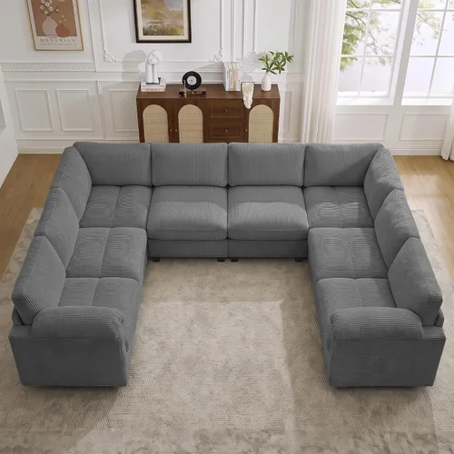 Vista 28 de Sofá modular de 61 pulgadas con otomana, asiento extra profundo para sala de estar, sofá de asiento profundo de pana con almohadas para Beige