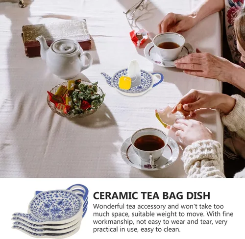 Vista 6 de BESTonZON Juego de 4 soportes de cerámica para bolsitas de té, con forma de tetera, resistentes al calor, para salsa de mesa, postre, aperitivos