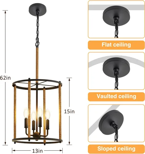 Vista 2 de Luvkczc Candelabro de 4 Luces, Luz de Techo Estilo Granja, Lámpara de Linterna Negra Accesorios de Iluminación con Jaula de Cuerdas, Altura
