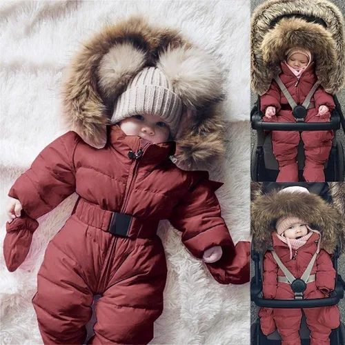 Vista 2 de Traje de nieve para bebé, overol de algodón grueso, ropa de invierno para niñas con guantes, ropa de exterior, chaquetas acolchadas, abrigo