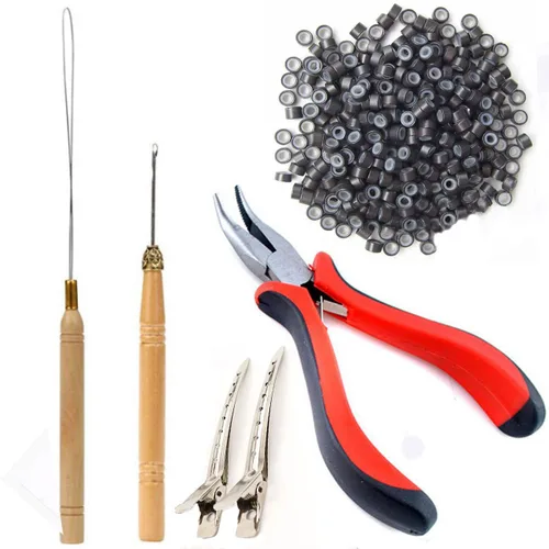 Vista 10 de Kit de herramientas de extensiones de cabello, 500 piezas de cuentas de microanillo, 1 alicates de extensión de cabello, 1 aguja de gancho, 1 lazo