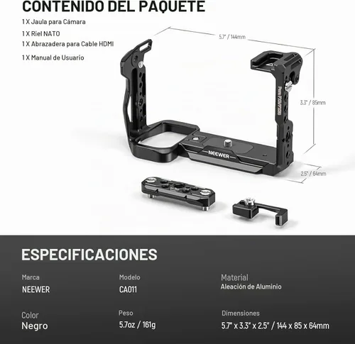 Vista 9 de NEEWER Cage Camera Cage with HDMI Cable Clamp, NATO Rail, 3/8 Inch ARRI Positioning Holes, 1/4 Inch Thread Compatible with Sony FX3 FX30 Original