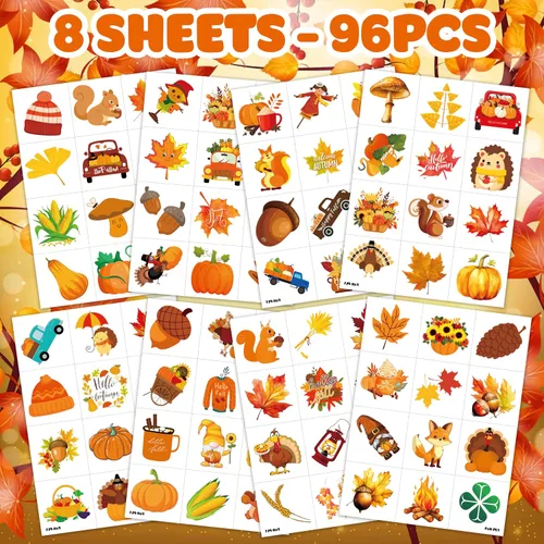 Vista 3 de 96 piezas de tatuajes temporales precortados para otoño y otoño, decoración de fiesta de cumpleaños, suministros de decoración de Acción de Gracias