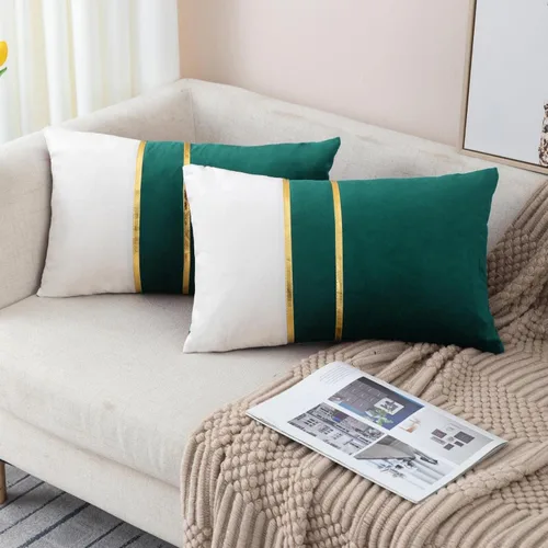 Vista 10 de ZLINA Juego de 2 fundas de almohada decorativas de terciopelo verde aguamarina y blanco con parches y cuero dorado de 16 × 16 pulgadas, fundas