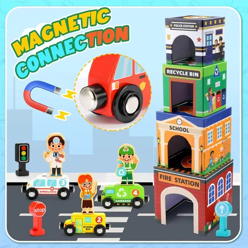 Vista 3 de Juguetes apilables para bebés pequeños, autos magnéticos de madera y clasificación de garaje, ayudantes comunitarios de aprendizaje educativo