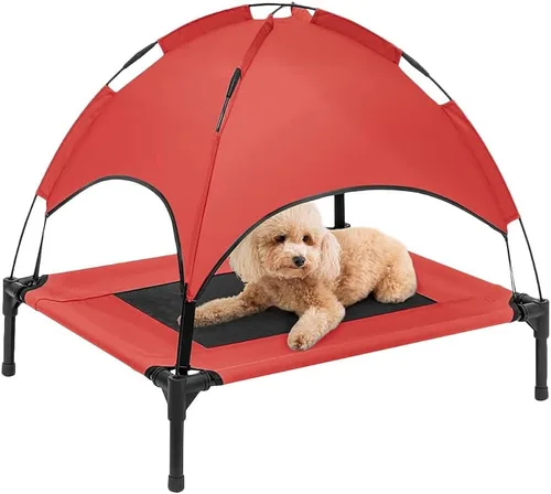 Vista 8 de Cama elevada impermeable para perros con toldo y malla de refrigeración – Cuna elevada portátil para perros grandes, tienda de campaña