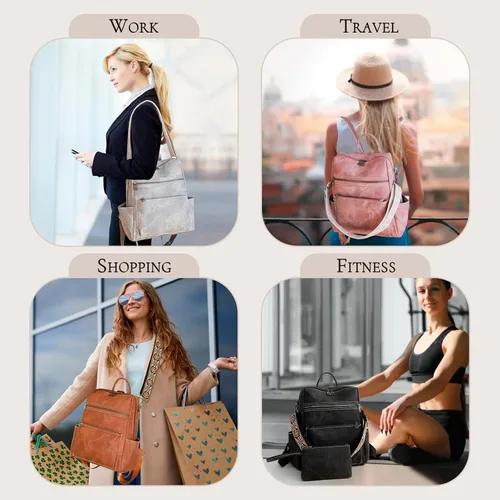 Vista 4 de Mochila para mujer, mochila impermeable de piel sintética, ligera, a la moda, multiusos, convertible, mochila de viaje, bolso de hombro, color negro