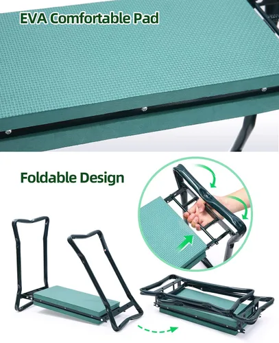 Vista 10 de Banco plegable 2-en-1 para jardín, de la marca Ohuhu, reclinatorio y asiento, incluye 2 bolsas de herramientas, para exterior, Verde