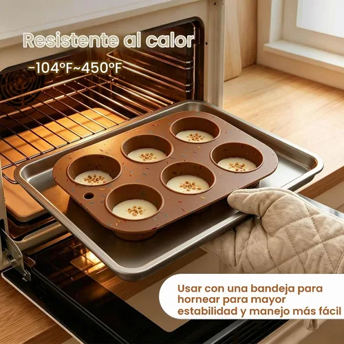 Vista 6 de Juego de 2 moldes de silicona para magdalenas para hornear, molde de cupcake antiadherente de tamaño regular, molde de muffin de silicona de 6 tazas