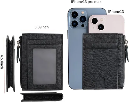 Vista 6 de Cartera delgada para mujeres de piel pequeña con bloqueo RFID, tarjetero minimalista con bolsas para monedas y fundas, Negro, Moderno